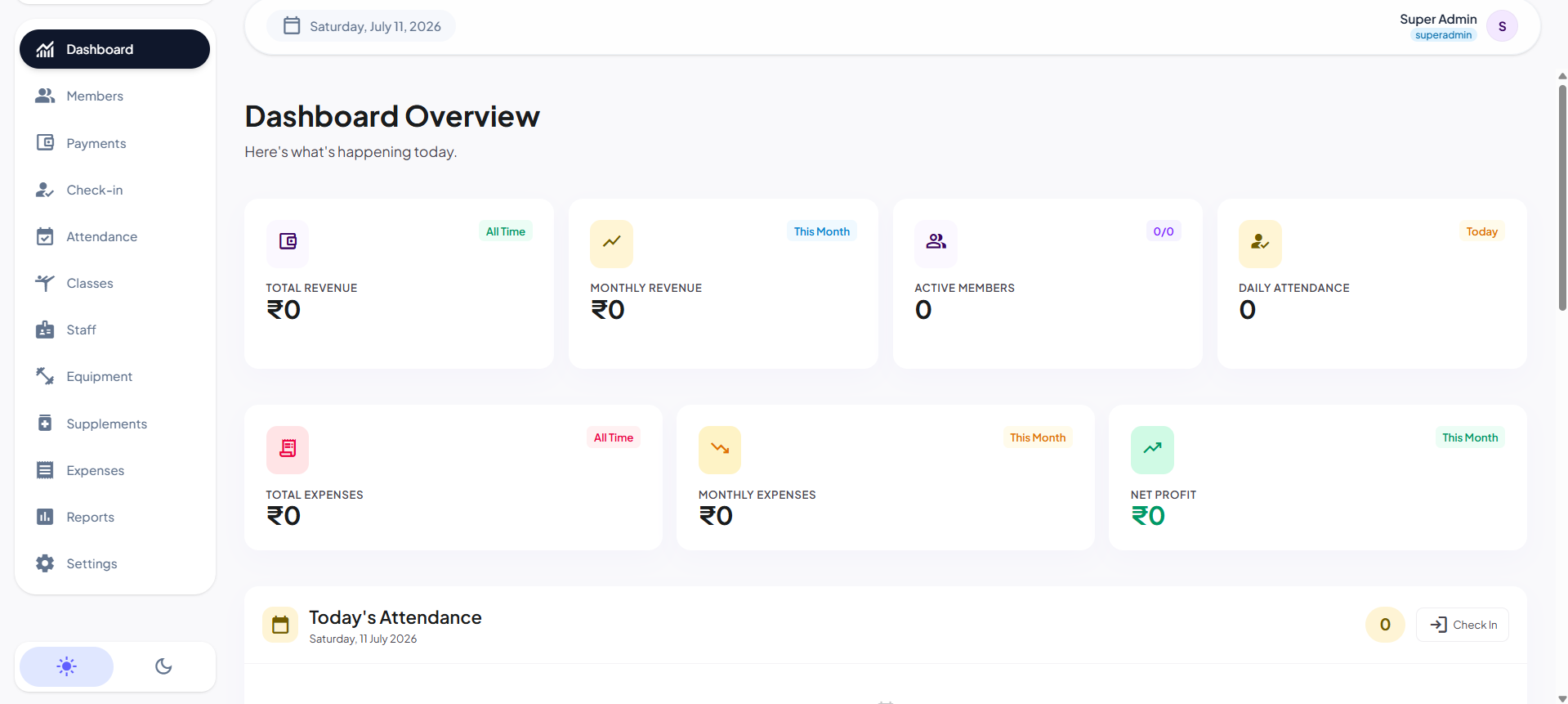 Kilos Dashboard — gym management software showing members, revenue and attendance overview